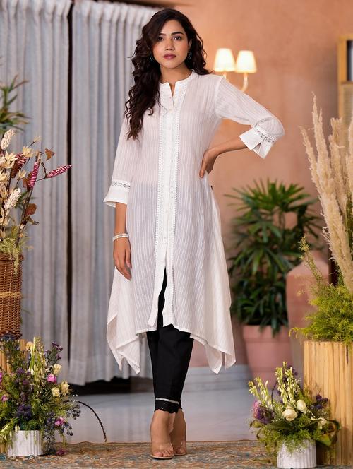 women striped three quarter sleeves asymmetric kurta - 21606788 - Very Small Image - 1