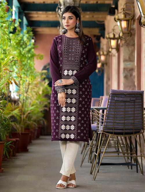 women self design long sleeves straight kurta - 21606798 - Very Small Image - 1