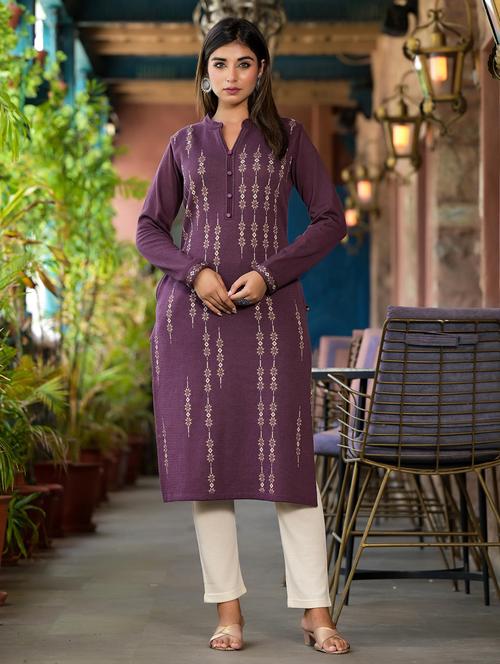 women self design long sleeves straight kurta - 21606799 - Very Small Image - 1