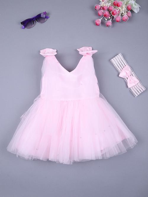 girls v-neck flare net frock - 21607028 - Very Small Image - 1