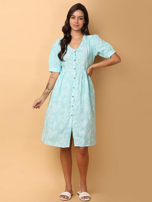 women printed v neck empire line ethnic dress - 21607443 - Very Small Image - 1