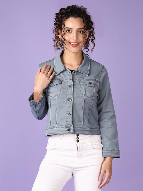 women solid long sleeve denim jacket - 21608366 - Very Small Image - 1
