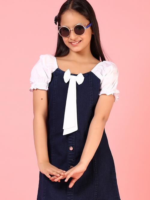 girls solid puff sleeeves denim a-line dress - 21611250 - Very Small Image - 1