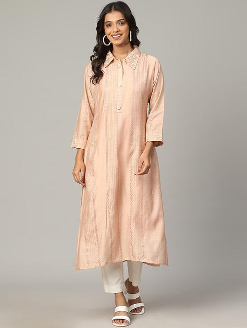 women peach long sleeve straight kurta - 21613339 - Very Small Image - 1