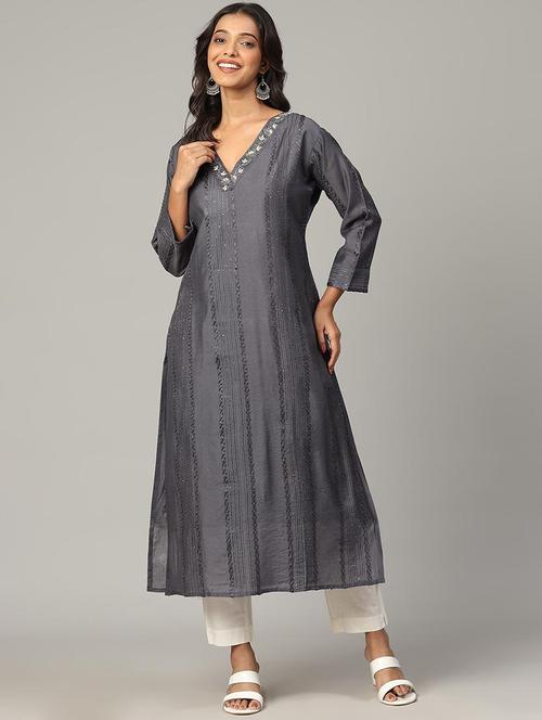 Women Grey Long Sleeve Straight Kurta - 21613340 - Very Small Image - 1
