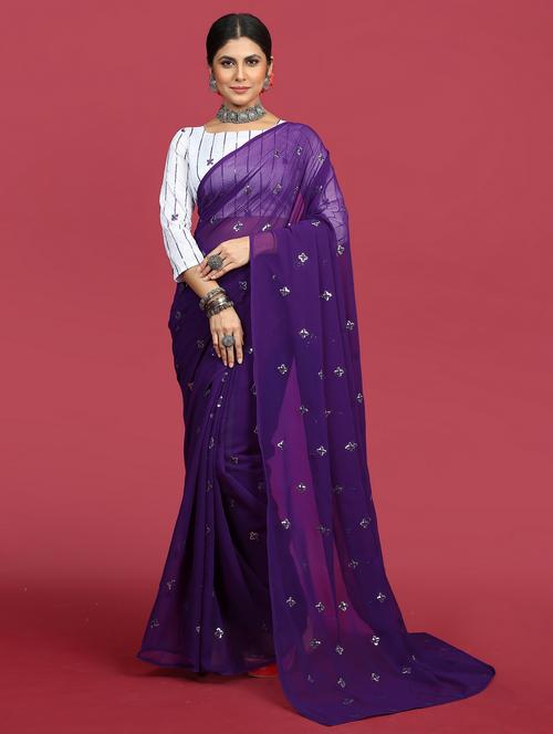 women purple sequin work georgette saree - 21614309 - Very Small Image - 1