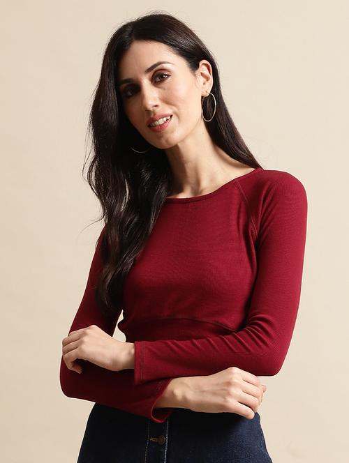 women solid long sleeve crop top - 21615019 - Very Small Image - 1