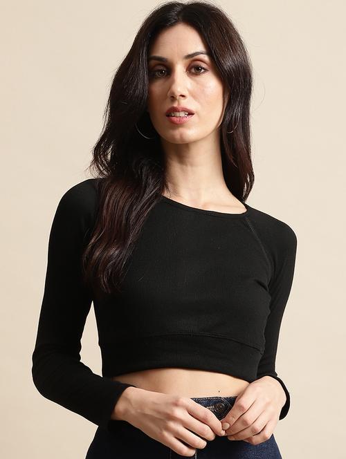 women solid long sleeve crop top - 21615020 - Very Small Image - 1