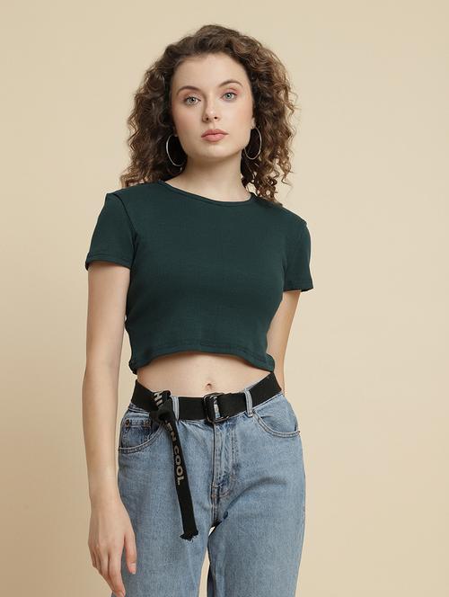 women round neck solid crop top - 21615021 - Very Small Image - 1