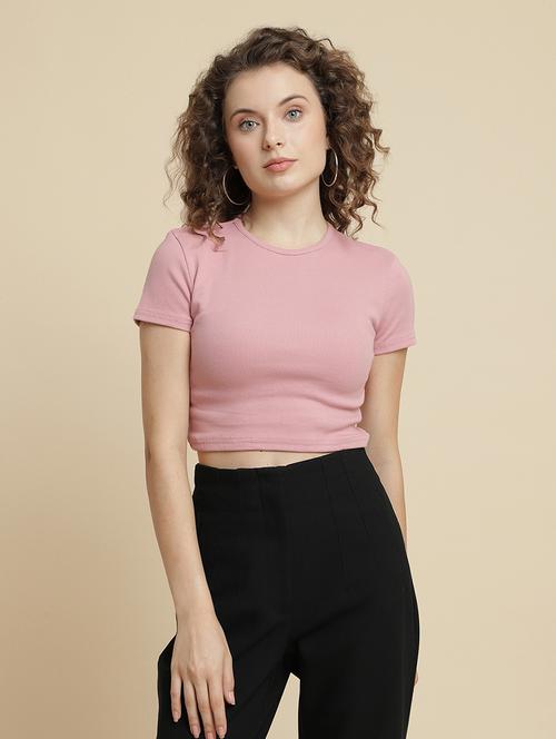 women solid short sleeve crop top - 21615025 - Very Small Image - 1