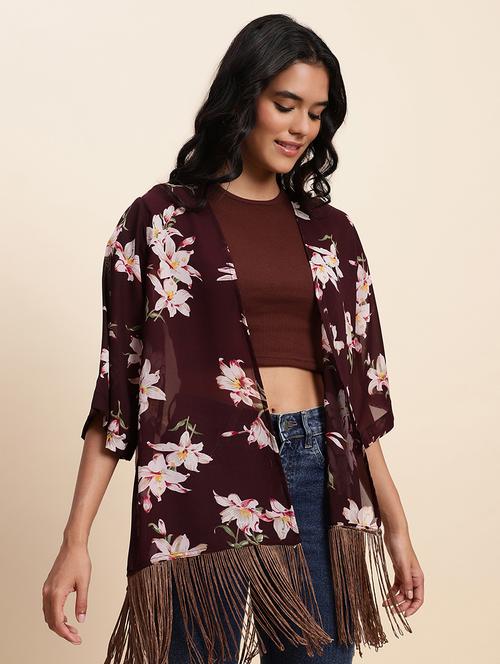 women floral print regular shrug with fringed hem - 21615398 - Very Small Image - 1