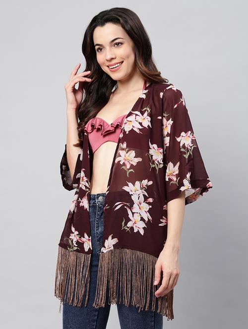 women floral print regular shrug with fringed hem - 21615402 - Very Small Image - 1