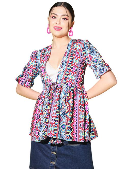 women geometric printed tie-up flared tunic - 21617065 - Very Small Image - 1