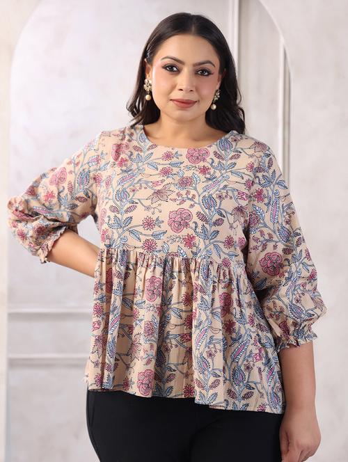 women floral printed puff sleeves plus size peplum top - 21617173 - Very Small Image - 1