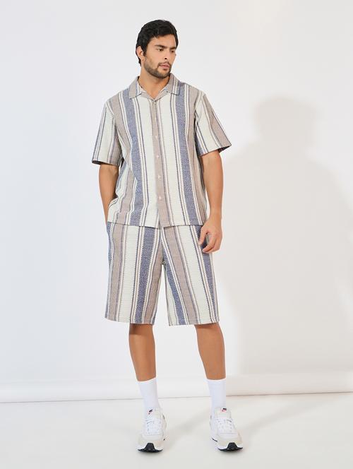 men cuban collar striped shirt & shorts co-ord set - 21618057 - Very Small Image - 1