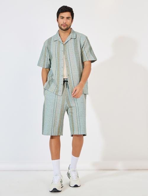 men cuban collar striped shirt & shorts co-ord set - 21618058 - Very Small Image - 1