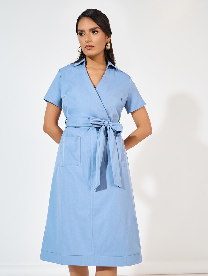 women light blue solid wrap dress - 21618082 - Standard Image - 4