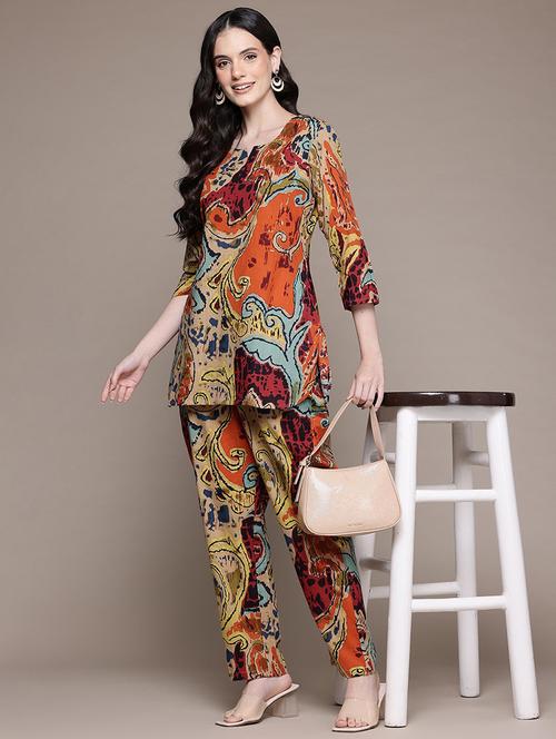 women printed notch neck co-ord sets - 21618612 - Very Small Image - 1