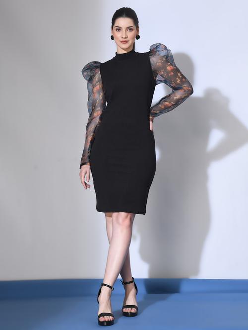 women black solid see through sleeves bodycon dress - 21619592 - Very Small Image - 1