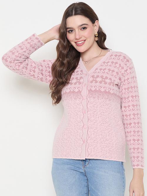 women self design pink woolen cardigan - 21620839 - Very Small Image - 1