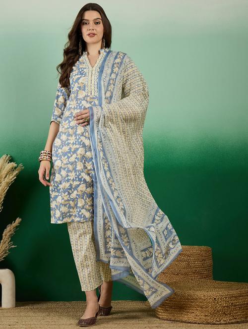 women three quarter sleeve kurta pant with dupatta set - 21622530 - Very Small Image - 1