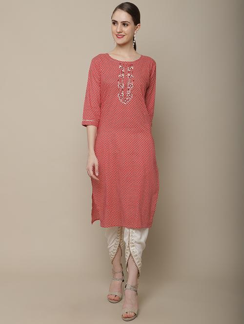 red cotton straight kurta - 21622700 - Very Small Image - 1