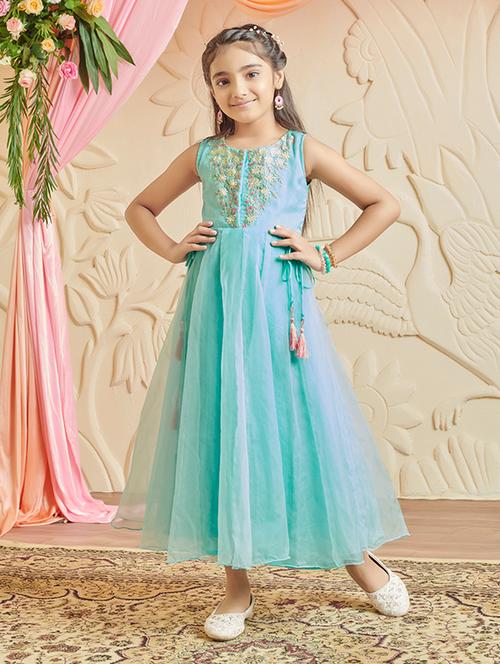 girl sea green embroidered fit & flare dress - 21624685 - Very Small Image - 1