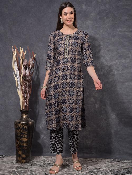 women printed three quarter sleeve kurta pant set - 21627229 - Very Small Image - 1