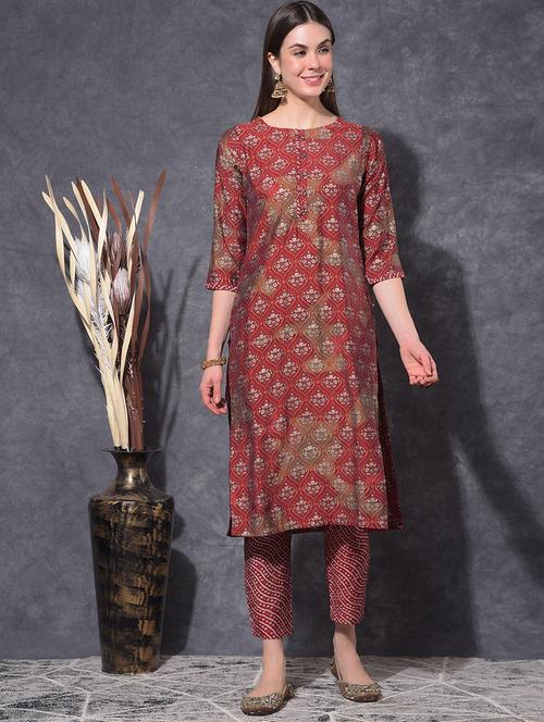 women printed three quarter sleeve kurta pant set - 21627241 - Very Small Image - 1