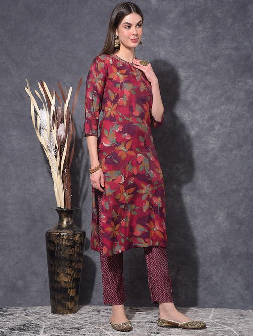 women floral printed three quarter sleeve kurta pant set - 21627244 - Very Small Image - 1