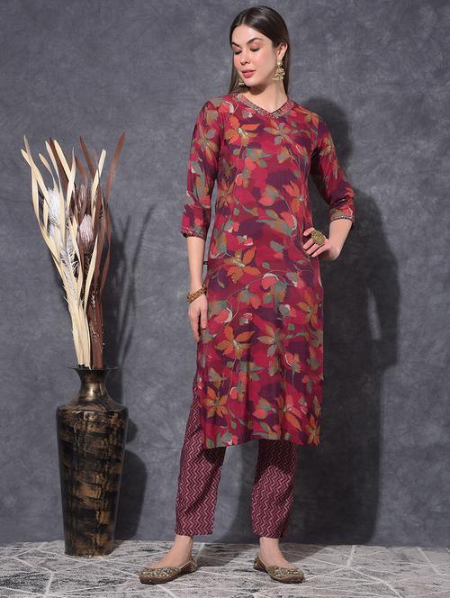 women floral printed three quarter sleeve kurta pant set - 21627245 - Very Small Image - 1