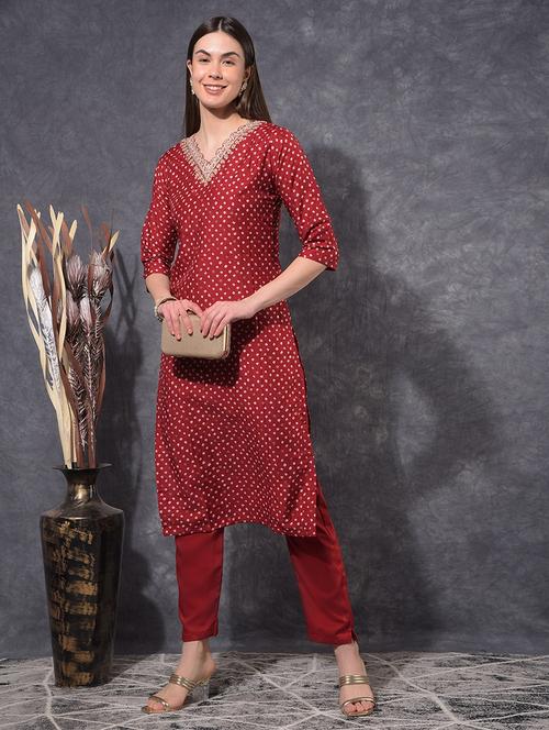 women bandhani three quarter sleeve kurta pant set - 21627254 - Very Small Image - 1