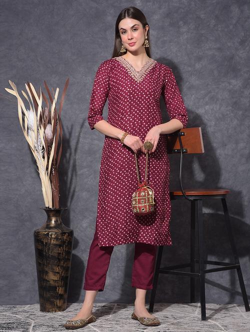 women bandhani three quarter sleeve kurta pant set - 21627255 - Very Small Image - 1