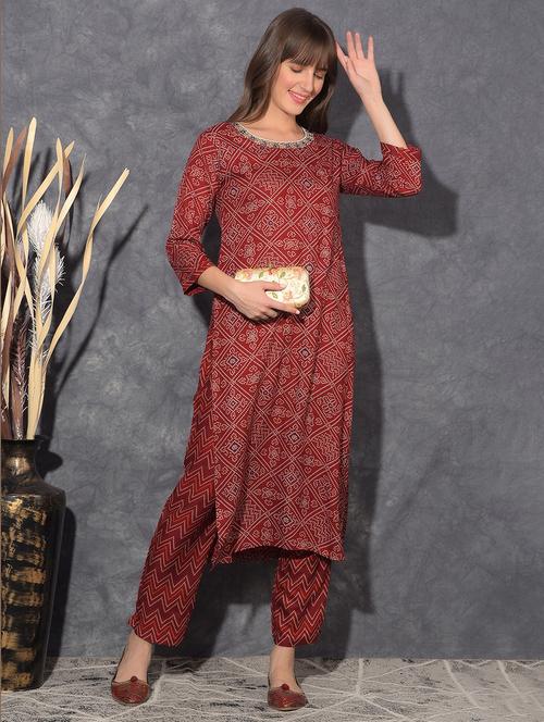 women bandhani three quarter sleeve kurta pant set - 21627274 - Very Small Image - 1
