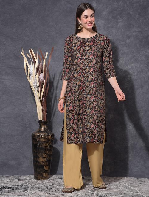 women floral three quarter sleeve straight kurta - 21627346 - Very Small Image - 1