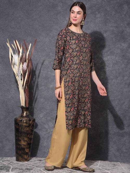 women floral three quarter sleeve straight kurta - 21627347 - Very Small Image - 1