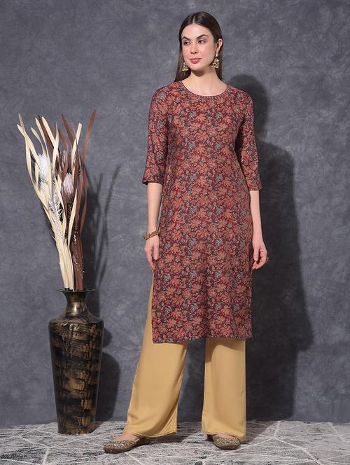 women floral three quarter sleeve straight kurta - 21627348 - Very Small Image - 1