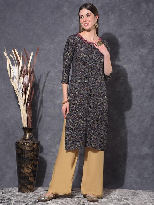 women printed three quarter sleeve straight kurta - 21627372 - Very Small Image - 1