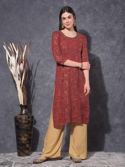 women printed three quarter sleeve straight kurta - 21627374 - Very Small Image - 1