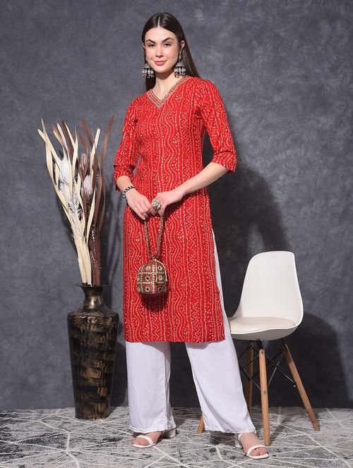 women bandhani three quarter sleeve straight kurta - 21627382 - Very Small Image - 1