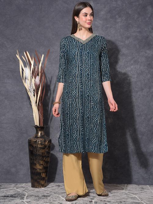women bandhani three quarter sleeve straight kurta - 21627383 - Very Small Image - 1