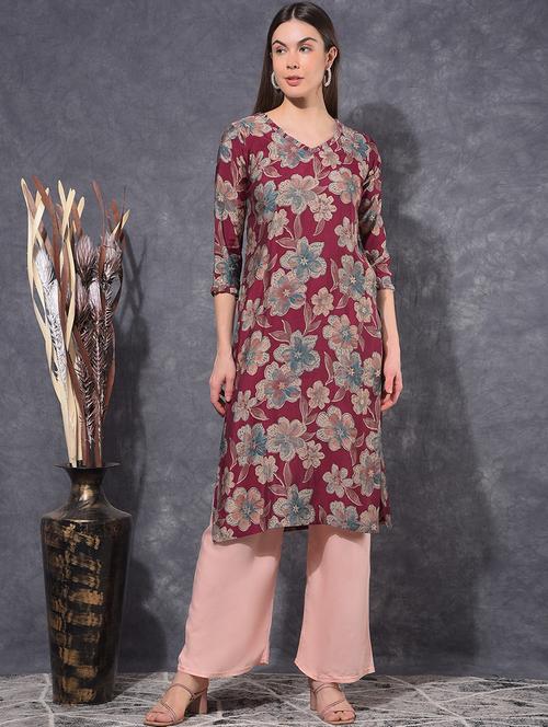 women floral three quarter sleeve straight kurta - 21627391 - Very Small Image - 1