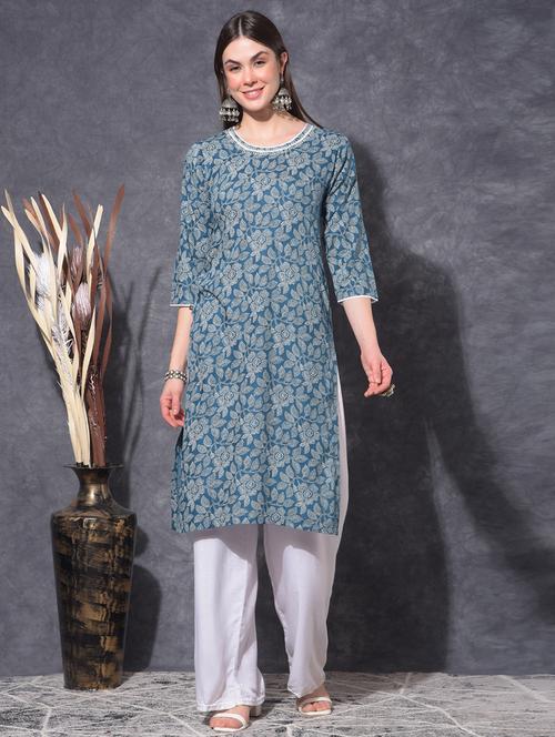 women floral three quarter sleeve straight kurta - 21627400 - Very Small Image - 1