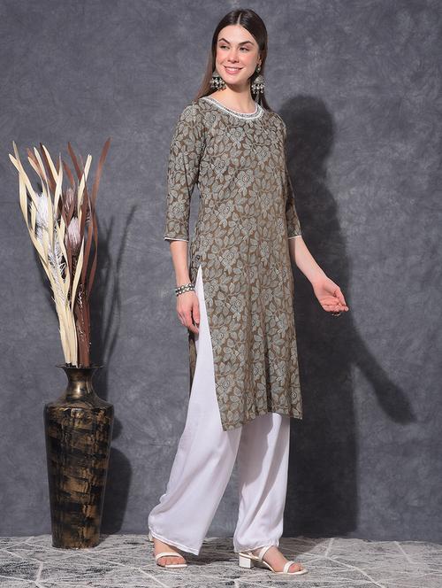 women floral three quarter sleeve straight kurta - 21627401 - Very Small Image - 1