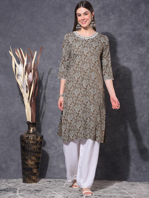 women floral three quarter sleeve straight kurta - 21627402 - Very Small Image - 1