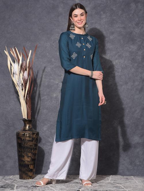 women embroidered three quarter sleeve straight kurta - 21627408 - Very Small Image - 1