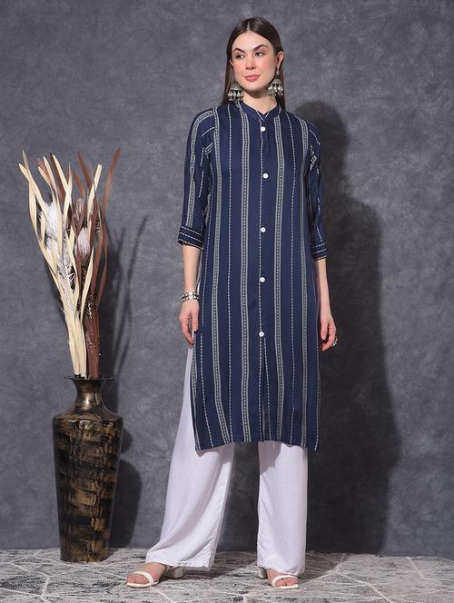 women striped three quarter sleeve front & side both slit kurta - 21627416 - Very Small Image - 1
