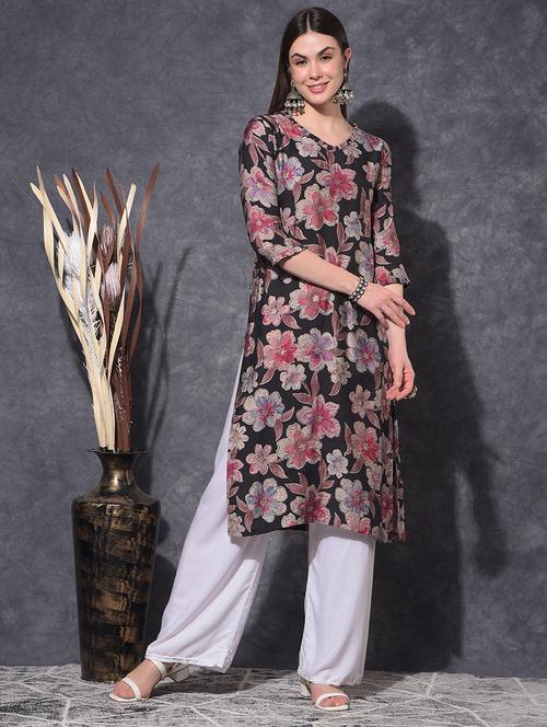 women floral three quarter sleeve straight kurta - 21627427 - Very Small Image - 1