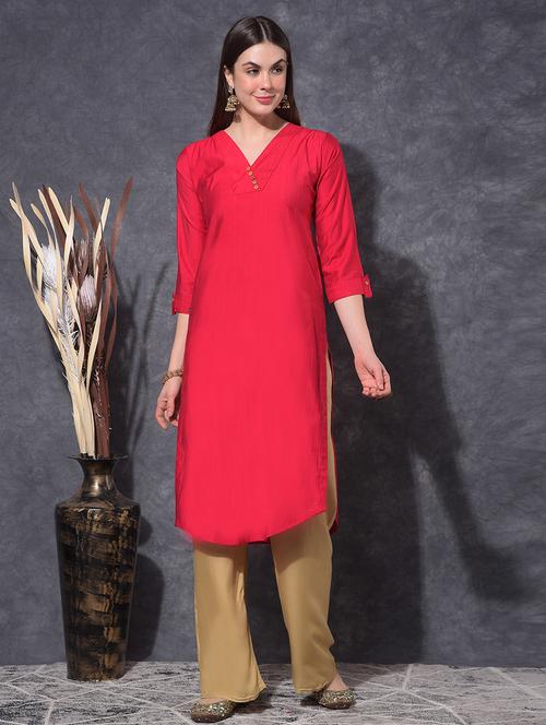 women solid three quarter sleeve straight kurta - 21627428 - Very Small Image - 1
