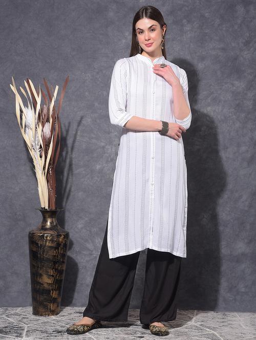 women striped three quarter sleeve front & side both slit kurta - 21627430 - Very Small Image - 1